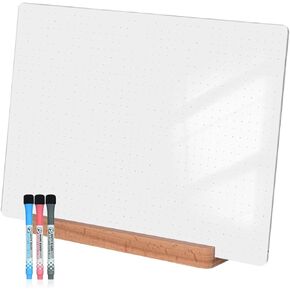Dry Erase Acrylic Whiteboard 9x12 – White Surface or Dotted Grid – Desktop Writing Board with Wood Base – Reversible Horizontal & Vertical Display (Plain White)