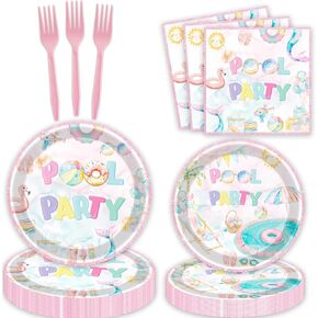 80pcs Pool Party Supplies Decorations, Summer Pool Dessert Plates Napkins Forks Tableware Summer Beach Hawaiian Theme Baby Kids Birthday Party Favors 20 Guests