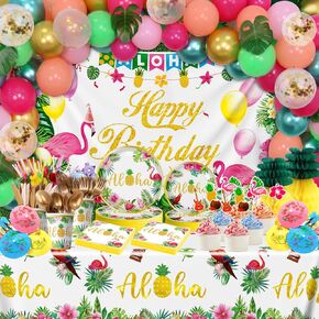 ALL IN ONE BOX, 346pcs Hawaiian Luau Birthday Party Decorations, Tropical Aloha Birthday Decorations, Dinnerware Set (25 Guest) with Plates,Cups, Tablecloth, Backdrop Banner, Balloon Kit, Party Favors