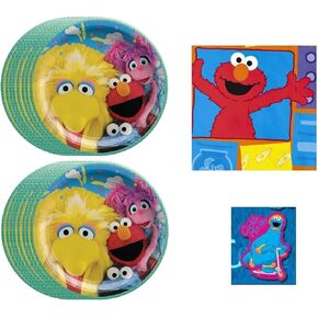 Amscan Sesame Street Elmo Party Supplies Bundle Pack includes 16 Lunch Plates and 16 Dessert Cake Paper Napkins 5"