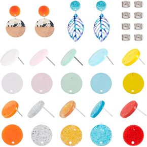 Beadthoven 20 Pairs Flat Round Resin Stud Earrings Posts with Loop 10 Colors Glittery Transparent Earrings Studs Pins Findings for Jewelry Making DIY Women Boho Earrings Making Kit with Earring Backs