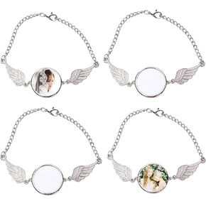 4 Pack Sublimation Angel Wing Bracelet Blank Round Bezel Tray Charms for Personalized Photo Craft DIY Jewellery Making