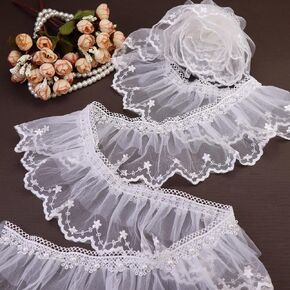 IDONGCAI Multilayer Ruffled Lace Trim Fabric Floral Embroidery Ruffled Pleated Lace Ribbon for Wedding Dress Tutu Skirt Home Decor Gift Wrapping (3.6 Inch)