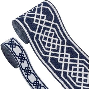 FINGERINSPIRE Blue Jacquard Ribbon 11 Yards 28.5mm/85mm Wide Classical Rhombus Embroideried Lace Trim Woven Fabric Trim Vintage Fringe Floral Sewing Lace for Crafts