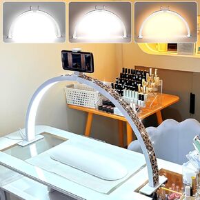 Large 29-inch Half Moon Light for Nail Desk,48W LED Light with Hand Pillow and Phone Holder, Nail Desk lamp for lash Eyelash Extension,Makeup Desk lamp,Color Temperature 3000K-6000K (Pink)