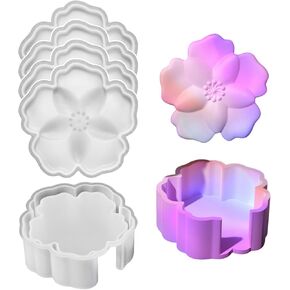 Resin Coaster Molds Silicone, Upgraded 5pcs Flower Silicone Coaster Molds Kit Storage Box Mold for Casting, Sakura Shape Holder Mold for Epoxy Resin, DIY Art Craft Cup Mats (Flower)