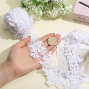 3 Yards Beaded Lace Trim Embroidery Flower Lace Appliques Floral Trim Sequin Lace Ribbon for Art Craft DIY Sewing Clothes Wedding Dresses Hair Ties Bags