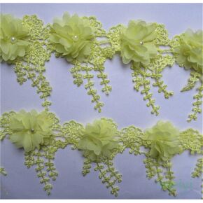 3 Yard 3D Chiffon Flower Pearl Beaded Lace Edge Trim Ribbon 3-1/2" Width Vintage Style 5 Colors Edging Trimmings Fabric Embroidered Applique Sewing Craft Wedding Bridal Dress Party DIY Decor(White)
