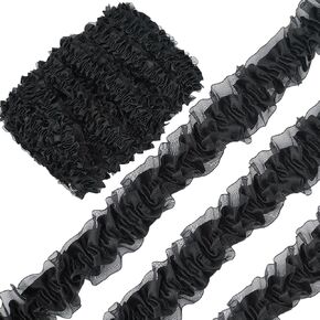 GORGECRAFT 10 Yards Ruffle Lace Trim 1.5" Double Layer Pleated Edge Trim Ribbon Gathered Mesh Tulle Fabric Applique Edging Trimmings for Sewing Bridal Dress Costume Gift Packing Decoration Craft Black
