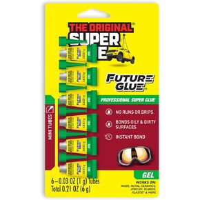 Super Glue, Future Glue Gel, 6 Mini Single Use Tubes, Clear, Instant Bonding, Fast Dry, Professional Cyanoacrylate Adhesive, Precision Tip for Wood, Metal, Plastic, Crafts, Ceramic, and Toy Repairs