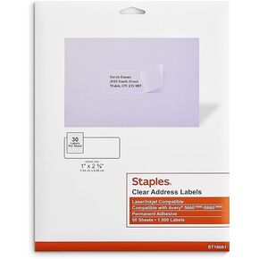 Staples 573950 Laser/Inkjet Address Labels 1-Inch x 2 5/8-Inch Clear 30 Labels/Sheet