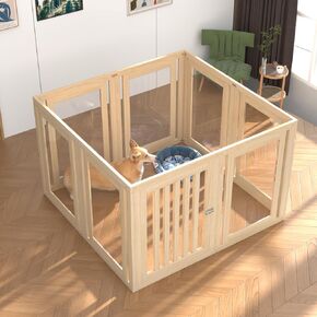 8 Panels Dog Playpen with Door, 23.6" H Pet Playpen Indoor, Clear Acrylic Puppy Playpens, Wooden Puppy Fence with Gate, Transparent Dog Pens, Pet Pen Indoor for Dogs, Cats, Rabbit (Wood)