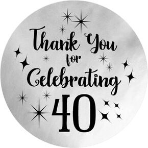 Black and Silver 40th Birthday Thank You Stickers – 40 Count, 1.75" Round Labels for Party Favors, Envelopes, and Candy Decorations