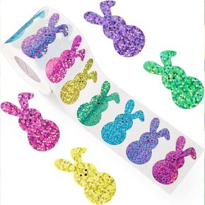 500Pcs Bunny Label Stickers Roll Easter Envelope Seals Stickers Shiny Laser Cartoon Rabbit Adhesive 1.5 inch Bunny Labels Wrapping Paper for Kids Card Gift Candy Bags Easter Decor