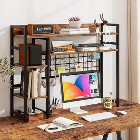 Desk Hutch Shelf, 37" Desktop Organizer Shelf for Up to 32" Computer Monitor, 4 Tier Countertop Display Rack with Pegboard Hooks Set, Wood Desktop Bookshelf for Home Office Dorm (Black)