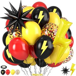 Red Black Yellow Balloons, Cartoon-Theme Balloons with Star and Lightning Foil Balloon for Kids Boys Birthday Lightning Party Baby Shower Graduation Supplies