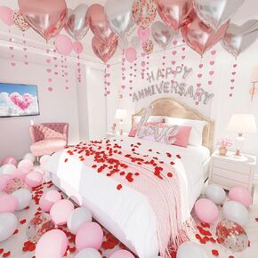Anniversary Decorations, Happy Anniversary Banner, Red Felt Garland Hanging String Hearts, Heart Balloons, Love Balloon, Red Silk Rose Petals for Wedding Bridal Shower Bachelorette Party Decorations