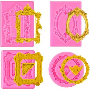 Picture Frames Silicone Mold 4 Pcs Photo Frame Silicone Molds Baroque Style Air Dry Clay Molds Vintage Molds Polymer Clay Decorating Tools for Cupcake Topper Cake Decoration Chocolate Candy Gum Paste