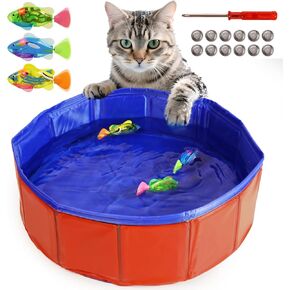 uniro Cat Pool Toy with Fishes - 3 LED Swimming Fish Toys for Cats Robo Swimming Fish with Flashing Lights- Foldable Cat Pool Proof Kitten Water Play Mat for Indoor Cats Fun Bath & Exercise FishToy