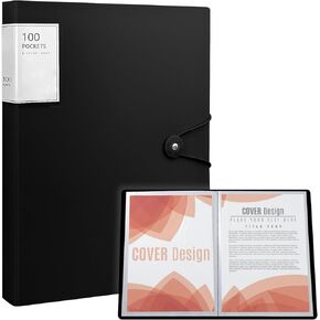 Art Portfolio Binder, 100 Pocket Binder with Plastic Sleeves, Displays 200 Pages of Documents, 8.5 X 11 (Black) Display Book with Plastic Sleeves, for Artwork, Document Organizer