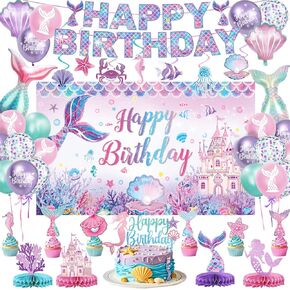 Mermaid Birthday Decorations – Includes Banner, Backdrop, Foil & Latex Balloons, Hanging Swirls, Cake & Cupcake Toppers, Honeycomb Centerpieces for Girls Mermaid Party Decorations