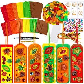 Winlyn Fall Craft Kits - DIY Leaf Bookmarks & Decorations Art Sets for Kids - Autumn Maple Leaf Glitter Foam Stickers - Thanksgiving & Halloween Classroom Activity