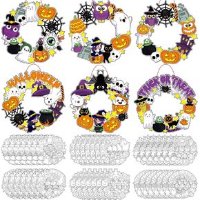 48PCS Halloween Coloring Wreath Crafts Kit - Pumpkin, Ghost, Witch Hat for Kids Classroom Activity - DIY Arts and Crafts for Party Activities, Art Ornament Decoration Supplies
