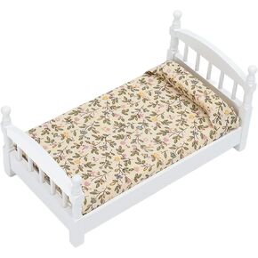 Wooden Doll House Bed 1: 12 Scale Miniature Bedroom Furniture Set with Mattress Pillow