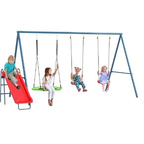 Outsunny 352 lbs Swing Set for Backyard, 3 in 1 Heavy-Duty A-Frame Stand Outdoor Playset for Kids, with Saucer Swing, Slide, Swing Seats