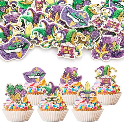 24pcs Mardi Gras Cupcake Topcake Topcake Glitter Masquerade أقنعة كب كيك فاكهة الفاكهة تختار Mardi Gras Party Baby Shower Decorting Cake Cake Decorations in Kuwait