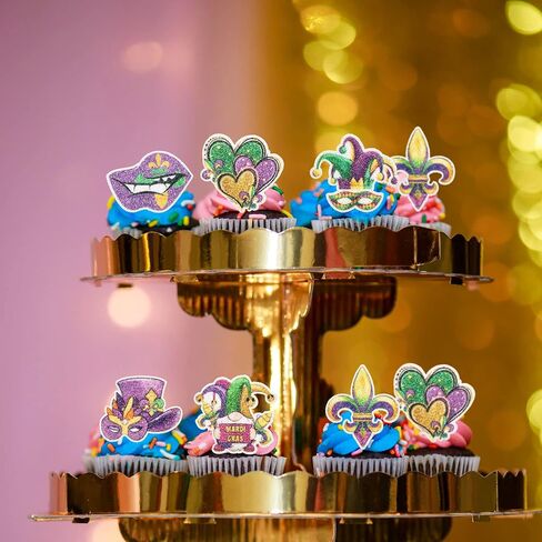 24pcs Mardi Gras Cupcake Topcake Topcake Glitter Masquerade أقنعة كب كيك فاكهة الفاكهة تختار Mardi Gras Party Baby Shower Decorting Cake Cake Decorations in Kuwait
