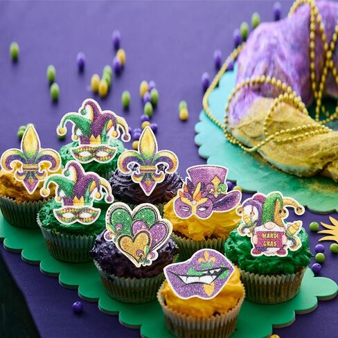 24pcs Mardi Gras Cupcake Topcake Topcake Glitter Masquerade أقنعة كب كيك فاكهة الفاكهة تختار Mardi Gras Party Baby Shower Decorting Cake Cake Decorations in Kuwait