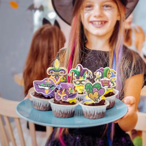 24pcs Mardi Gras Cupcake Topcake Topcake Glitter Masquerade أقنعة كب كيك فاكهة الفاكهة تختار Mardi Gras Party Baby Shower Decorting Cake Cake Decorations in Kuwait