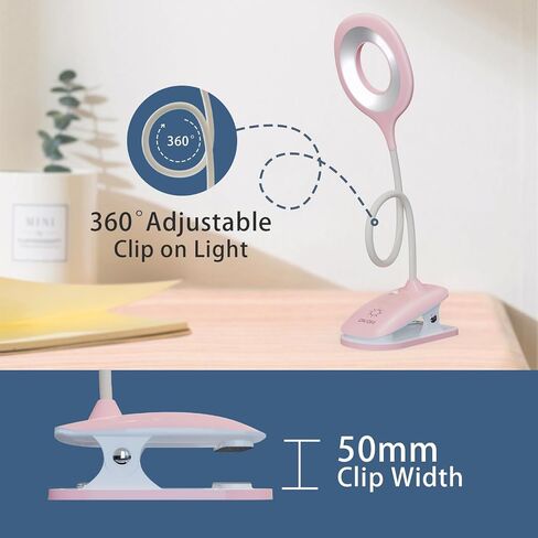 Clip On Reading Light, USB Rechargeable Clip On Lamp, 3 Color Touch Dimmable, Eye Protect, Pink in Saudi Arabia