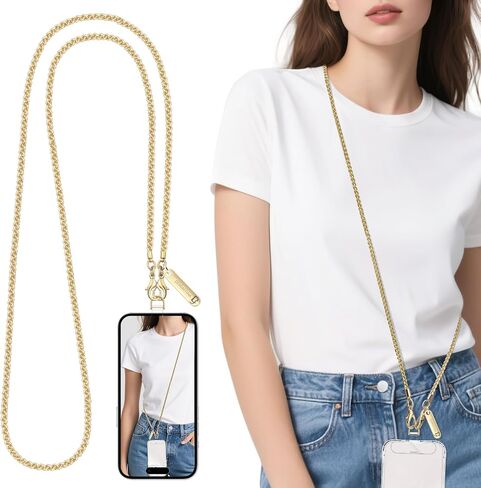 Metal Phone Chain,Hands-Free Cell Phone Chain Crossbody Detachable Phone Strap Fits for Smartphone,1* Phone Lanyard,1*Phone Wristlet Strap,2*Cell Phone Tether Tabs (Gold,Long) in Saudi Arabia