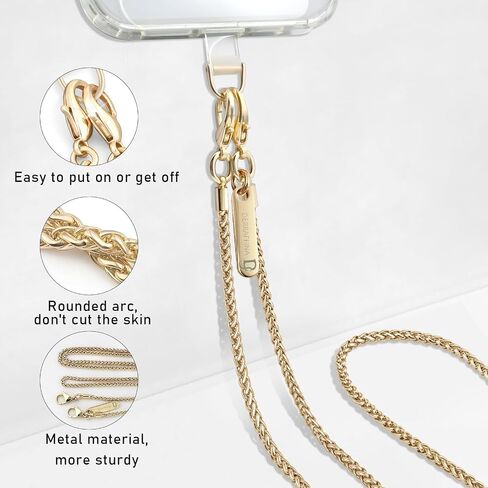 Metal Phone Chain,Hands-Free Cell Phone Chain Crossbody Detachable Phone Strap Fits for Smartphone,1* Phone Lanyard,1*Phone Wristlet Strap,2*Cell Phone Tether Tabs (Gold,Long) in Saudi Arabia