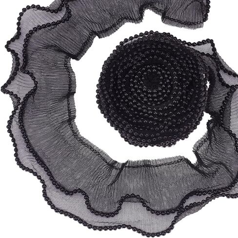 PH PandaHall 4 Yards Ruffle Pleated Trim, 2-Layer Elastic Fabric Ribbon 3-1/8 Inch Wide Black Tulle Fabric Applique Ruffled Tulle Lace for Trimming Craft Sewing Dress Collar Cuffs Hat Bag Decor in Saudi Arabia