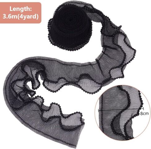PH PandaHall 4 Yards Ruffle Pleated Trim, 2-Layer Elastic Fabric Ribbon 3-1/8 Inch Wide Black Tulle Fabric Applique Ruffled Tulle Lace for Trimming Craft Sewing Dress Collar Cuffs Hat Bag Decor in Saudi Arabia