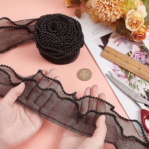 PH PandaHall 4 Yards Ruffle Pleated Trim, 2-Layer Elastic Fabric Ribbon 3-1/8 Inch Wide Black Tulle Fabric Applique Ruffled Tulle Lace for Trimming Craft Sewing Dress Collar Cuffs Hat Bag Decor in Saudi Arabia