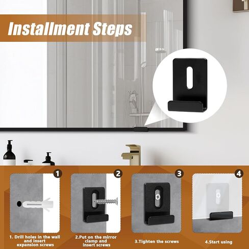 8 Packs Metal Mirror Holder Clips Attachment, 1/4" Heavy Duty Mirror Hanging kit with Screws for Billboard Display(Black,with Rubber Pads) in Saudi Arabia