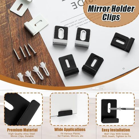 8 Packs Metal Mirror Holder Clips Attachment, 1/4" Heavy Duty Mirror Hanging kit with Screws for Billboard Display(Black,with Rubber Pads) in Saudi Arabia
