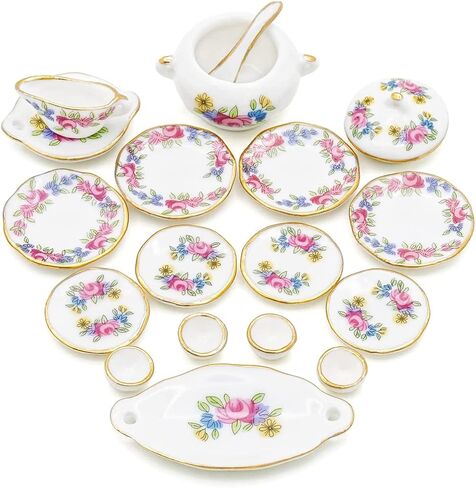 Odoria 1/12 Miniature Dish Dinnerware Set 17Pcs Dollhouse Decoration Accessories, Pink Rose in Saudi Arabia