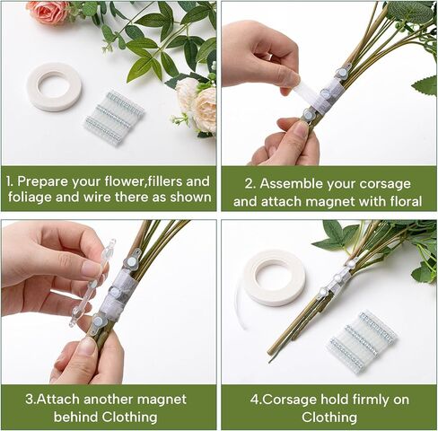 Waydress صغير الأزهار boutonniere المغناطيس أعمدة المغناطيس و 2 رولز 1/2 بوصة × 30 ياردة شريط التغليف الأزهار لعروس الزفاف المصنوعة يدويًا بوكيت باقة جذع (أخضر ، 10 أزواج) in Saudi Arabia