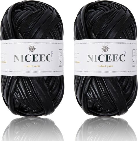 NICEEC 2 Skeins Metal T-Shirt Yarn, Bright, Glossy, Crochet & Knitting, Fabric Cloth Yarn with Double-Side Color, Handmade DIY Craft Bag Basket Cushion-Totle Length 64yds(7.1oz) - Black in Saudi Arabia