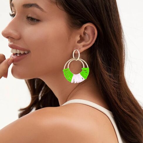 Handmade Rattan Earrings Statement Geometric Round Drop Earrings for Women Girls Lightweight Handmade Straw Wicker Rattan Dangle Earrings Boho Summer Beach Earrings (Blue) in Saudi Arabia