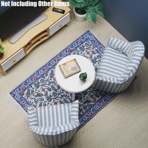 Odoria Dollhouse Side Table و Armcheair: 1/12 Scale Miniature Coffee نهاية الطاولة السجادة لغرفة المعيشة الحديثة القراءة - أثاث غرفة نوم مصغرة أريكة مزدوجة الأزرق والأبيض in Kuwait