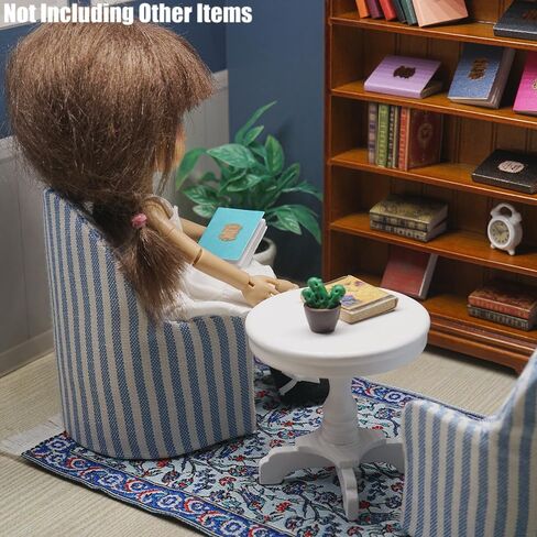 Odoria Dollhouse Side Table و Armcheair: 1/12 Scale Miniature Coffee نهاية الطاولة السجادة لغرفة المعيشة الحديثة القراءة - أثاث غرفة نوم مصغرة أريكة مزدوجة الأزرق والأبيض in Kuwait