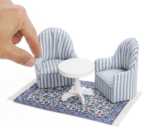 Odoria Dollhouse Side Table و Armcheair: 1/12 Scale Miniature Coffee نهاية الطاولة السجادة لغرفة المعيشة الحديثة القراءة - أثاث غرفة نوم مصغرة أريكة مزدوجة الأزرق والأبيض in Kuwait