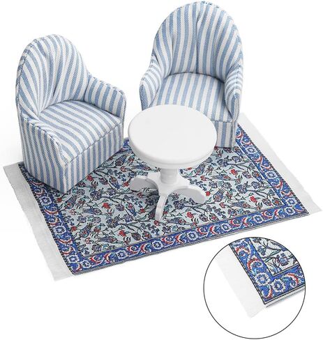 Odoria Dollhouse Side Table و Armcheair: 1/12 Scale Miniature Coffee نهاية الطاولة السجادة لغرفة المعيشة الحديثة القراءة - أثاث غرفة نوم مصغرة أريكة مزدوجة الأزرق والأبيض in Kuwait