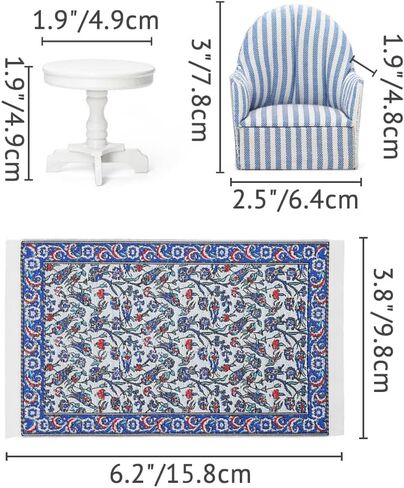 Odoria Dollhouse Side Table و Armcheair: 1/12 Scale Miniature Coffee نهاية الطاولة السجادة لغرفة المعيشة الحديثة القراءة - أثاث غرفة نوم مصغرة أريكة مزدوجة الأزرق والأبيض in Kuwait